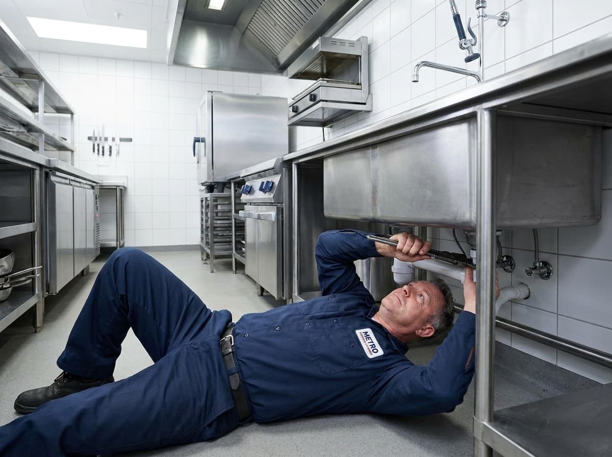 Commercial plumbing work in a restaurant kitchen