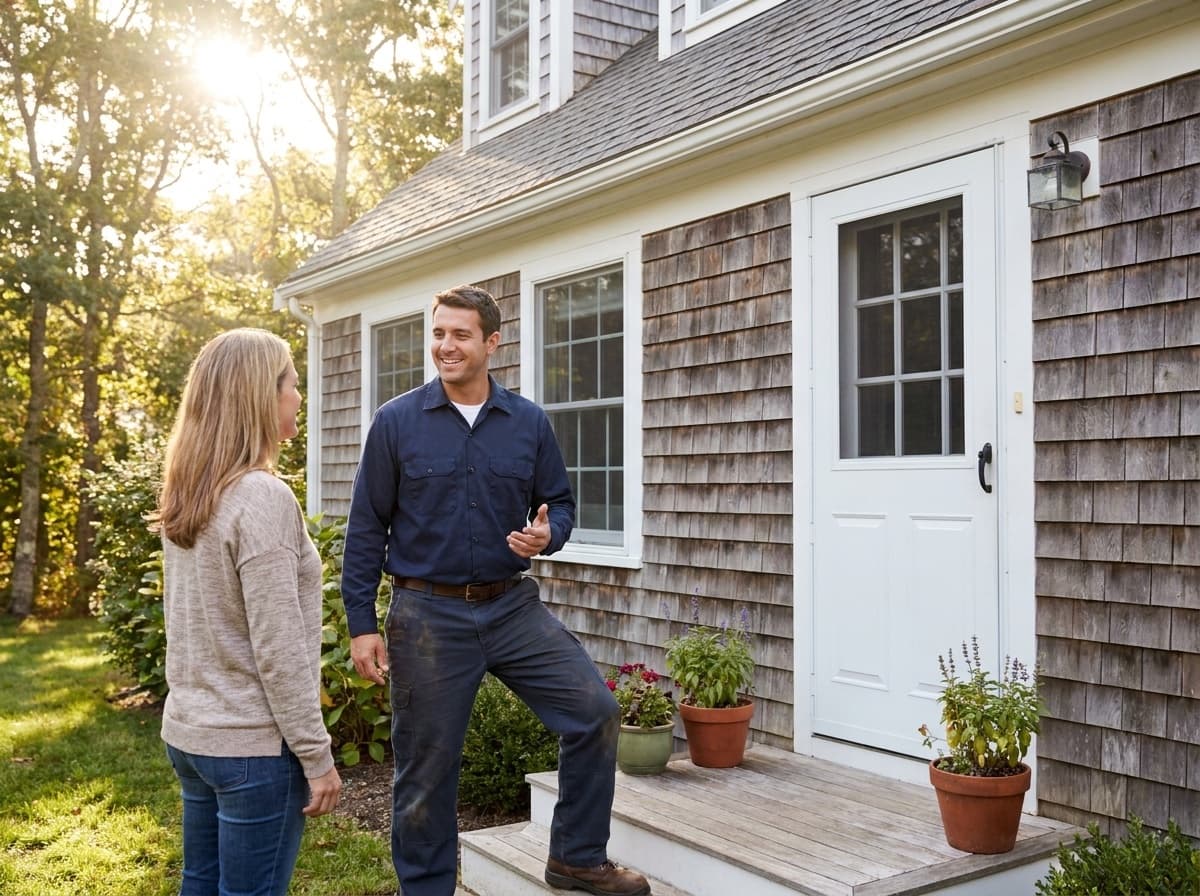 Scituate Plumbing technician greeting a homeowner at a coastal New England home